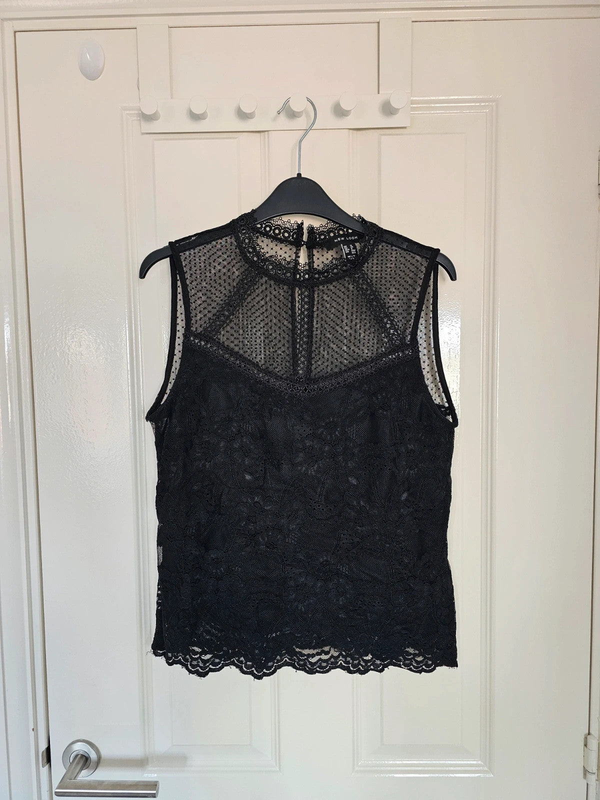 New Look high neck black lace top women sleeveless vest top blouse button back elegant lining L/12