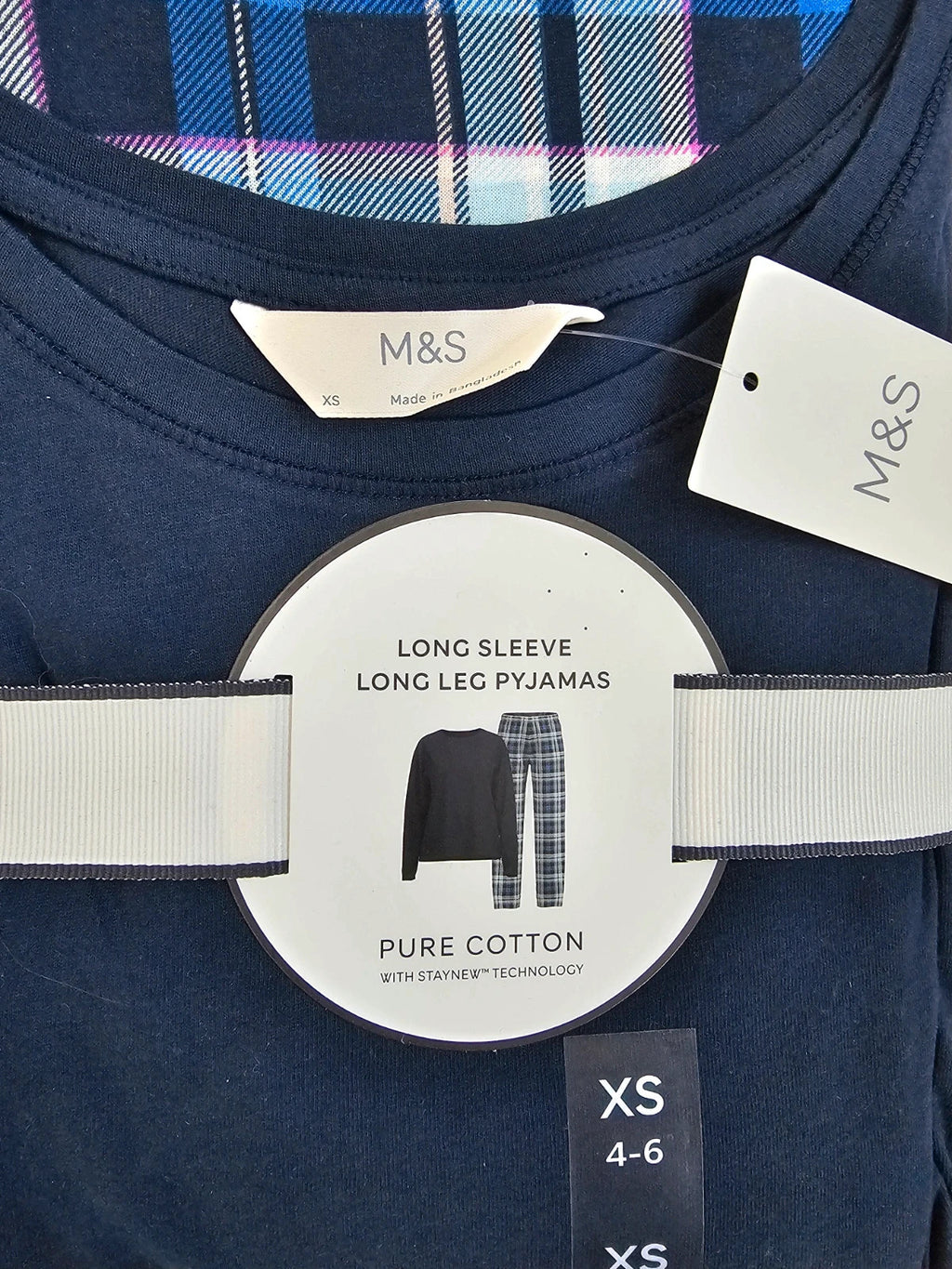 M&S long sleeve long leg pyjamas set women cotton top checked bottom navy nightwear XS/6