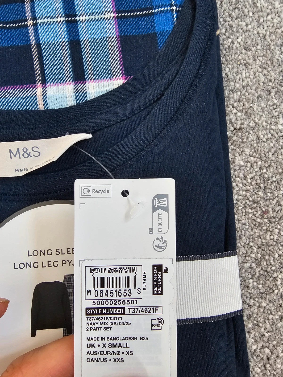 M&S long sleeve long leg pyjamas set women cotton top checked bottom navy nightwear XS/6