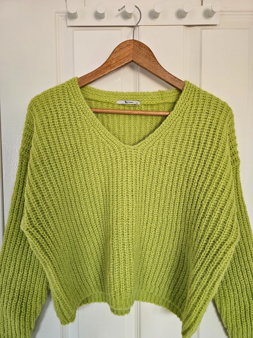 TU chunky knit V-neck sweater jumper women lightweight casual regular pullover green M/10