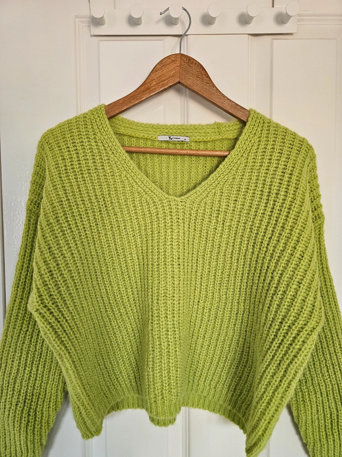 TU chunky knit V-neck sweater jumper women lightweight casual regular pullover green M/10