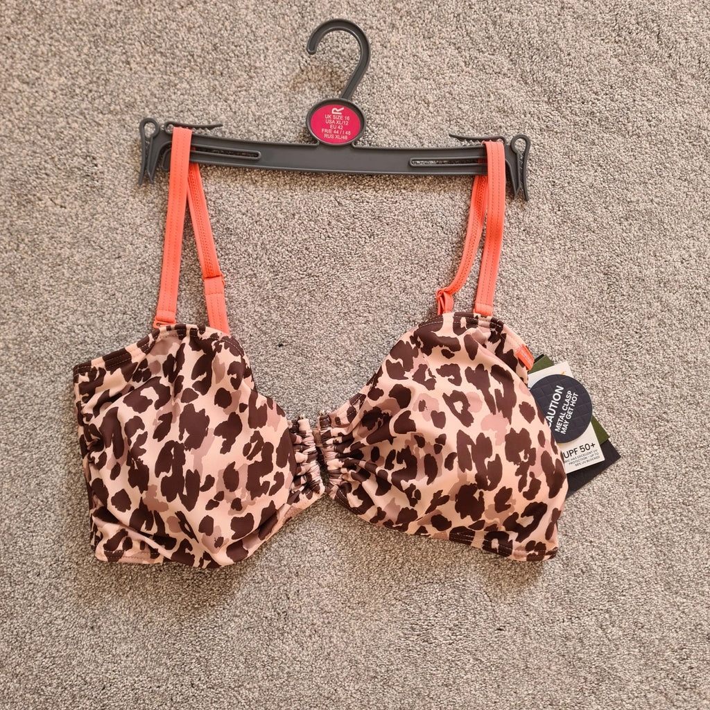 Regatta Aceana III bikini top leopard print women UPF50 metal detail claps back brown/beige 2XL/UK16