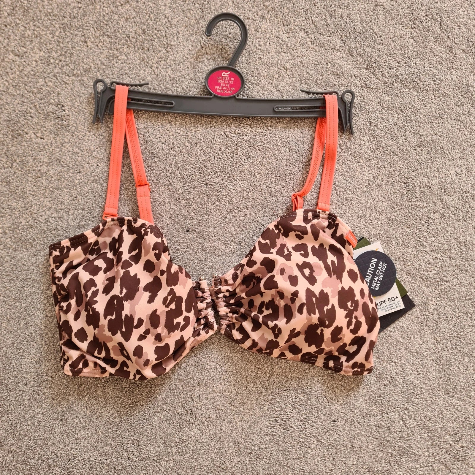 Regatta Aceana III bikini top leopard print women UPF50 metal detail claps back brown/beige 2XL/UK16