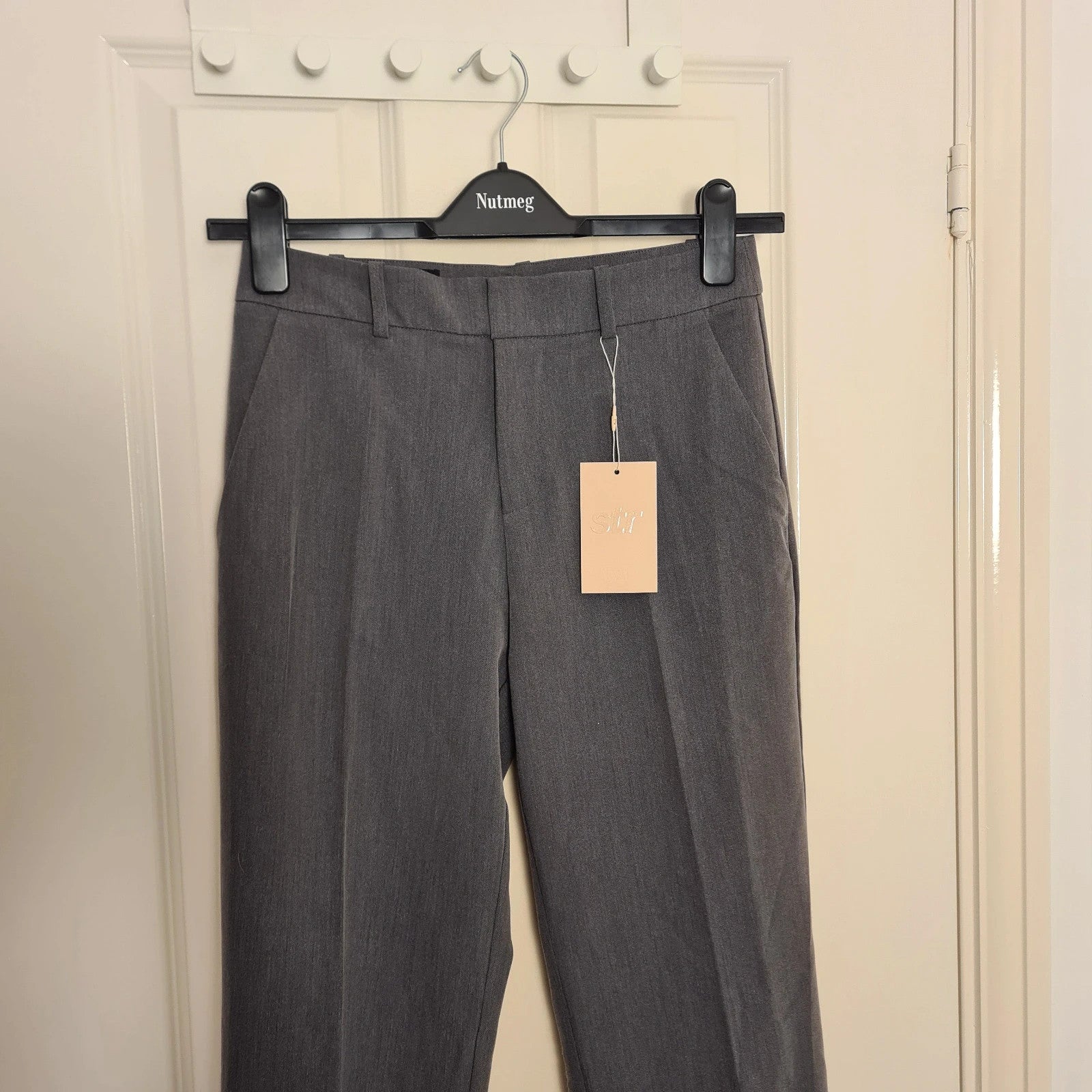 Stradivarius wide-leg tailored trousers women straight mid-waist darts front pockets dark grey S/8