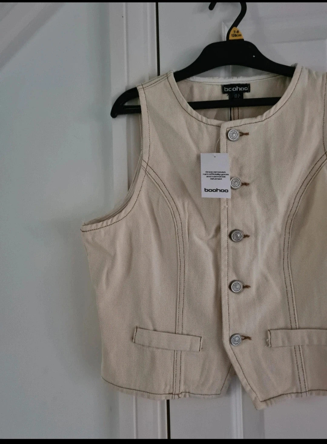 Boohoo denim crew neck buttons waistcoat women vest top cotton sleeveless jacket crem/ecru M/10