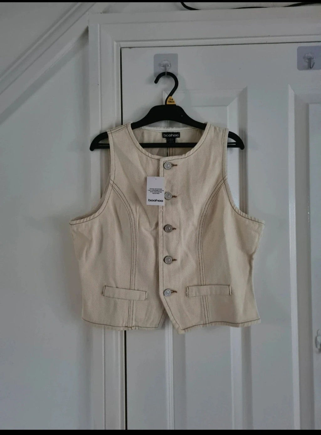 Boohoo denim crew neck buttons waistcoat women vest top cotton sleeveless jacket crem/ecru M/10