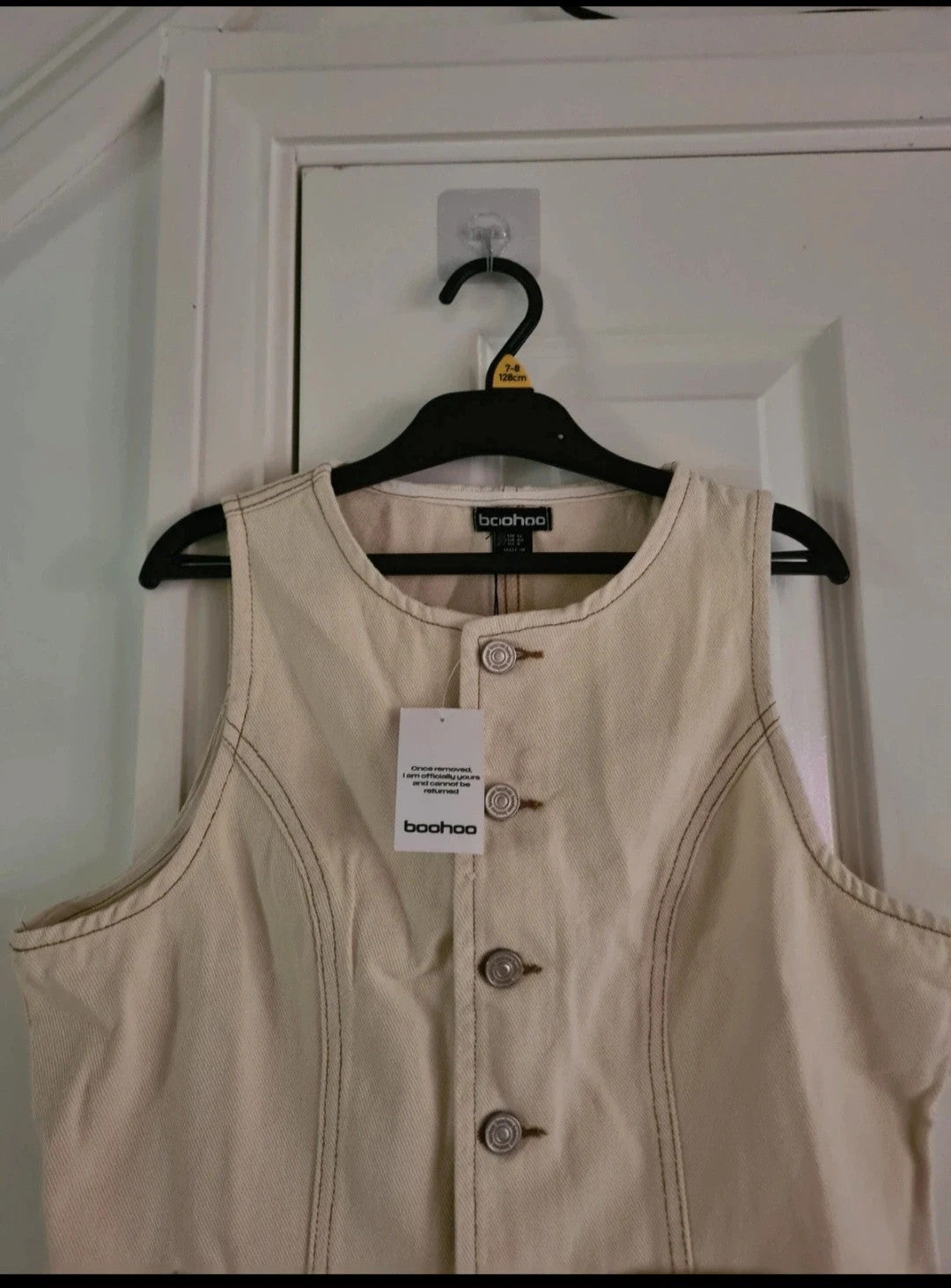 Boohoo denim crew neck buttons waistcoat women vest top cotton sleeveless jacket crem/ecru M/10