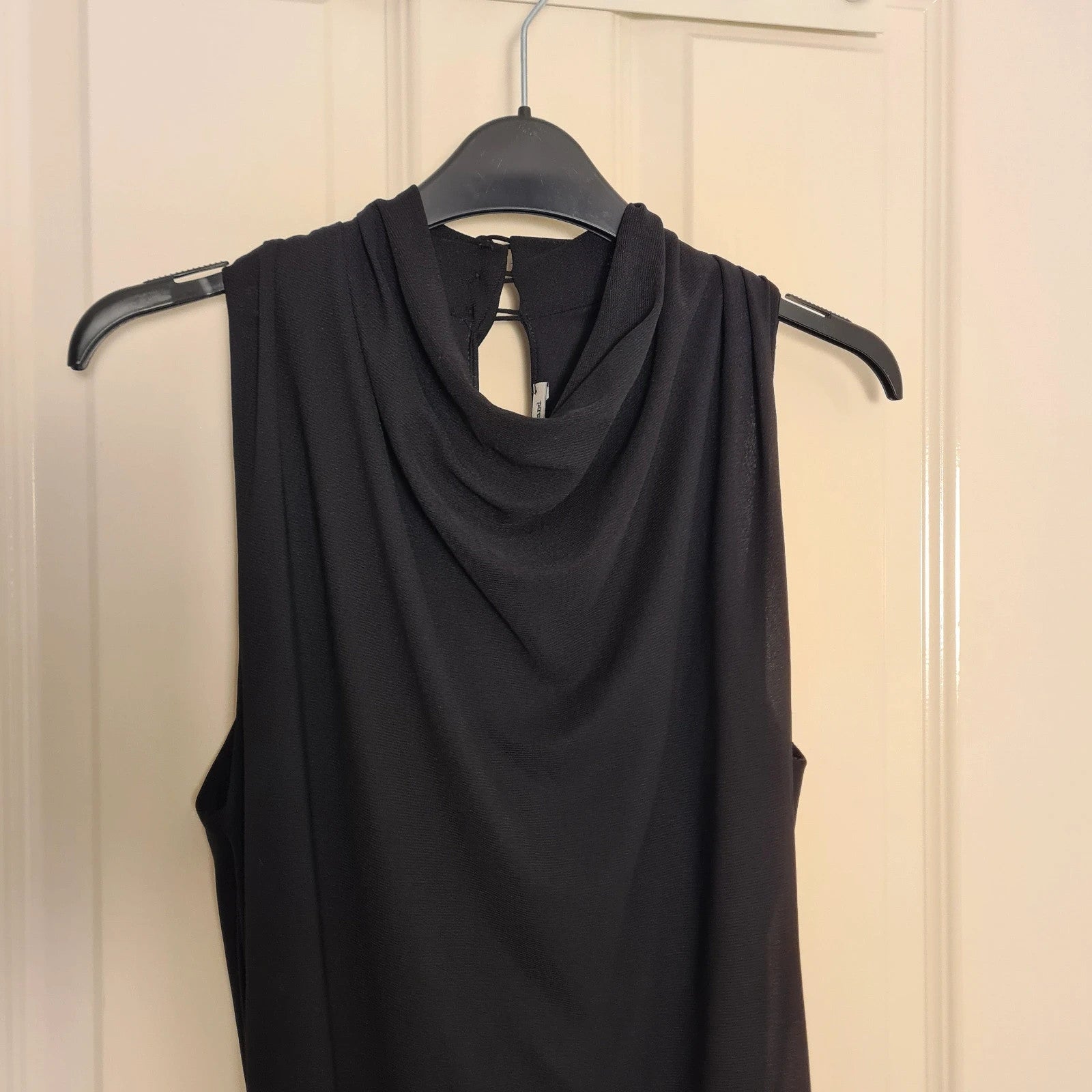 River Island sleeveless drape shift mini dress women lined cowl neckline plunge cowl back black M/10