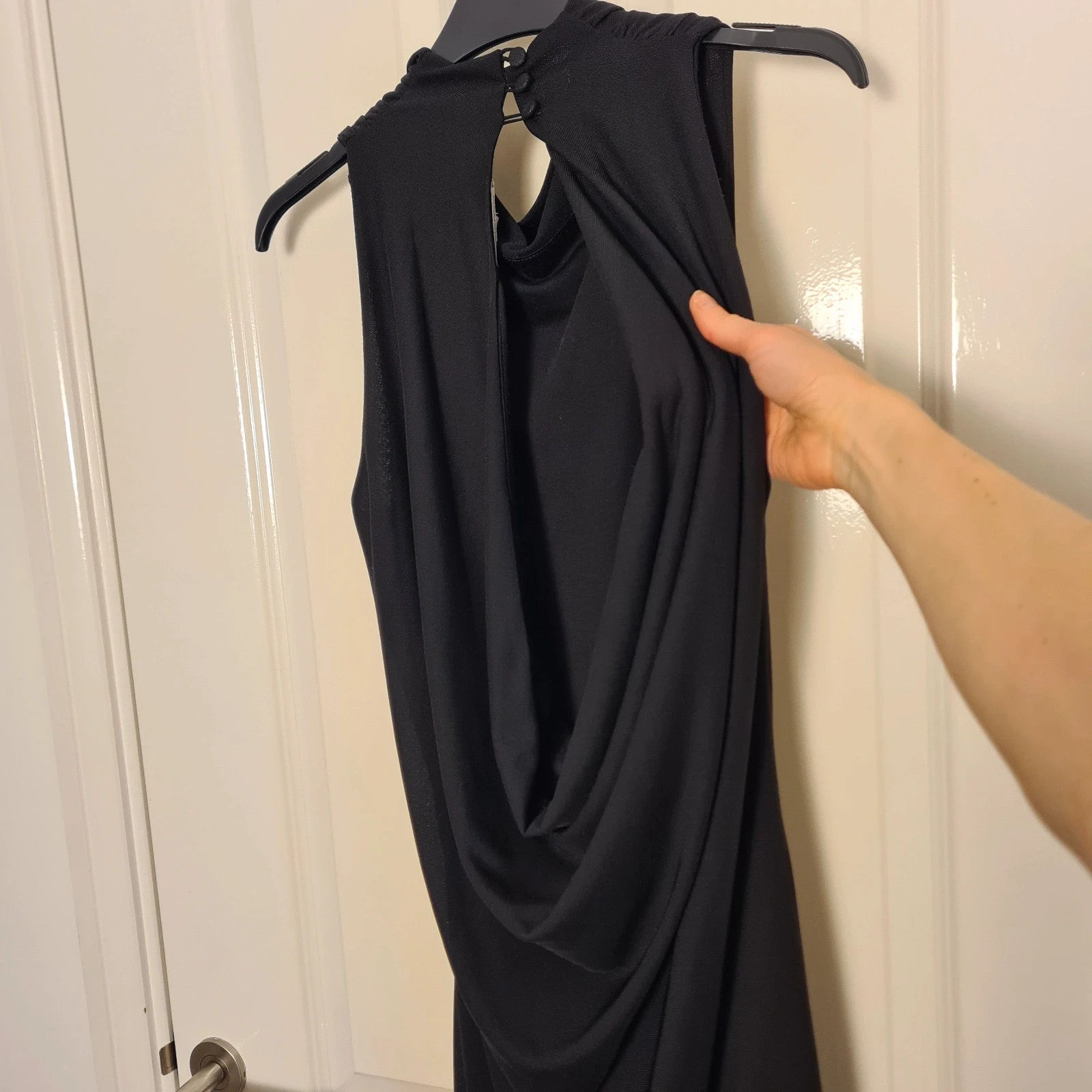 River Island sleeveless drape shift mini dress women lined cowl neckline plunge cowl back black M/10