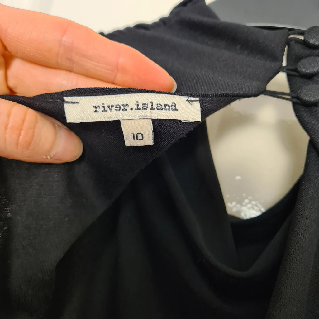 River Island sleeveless drape shift mini dress women lined cowl neckline plunge cowl back black M/10
