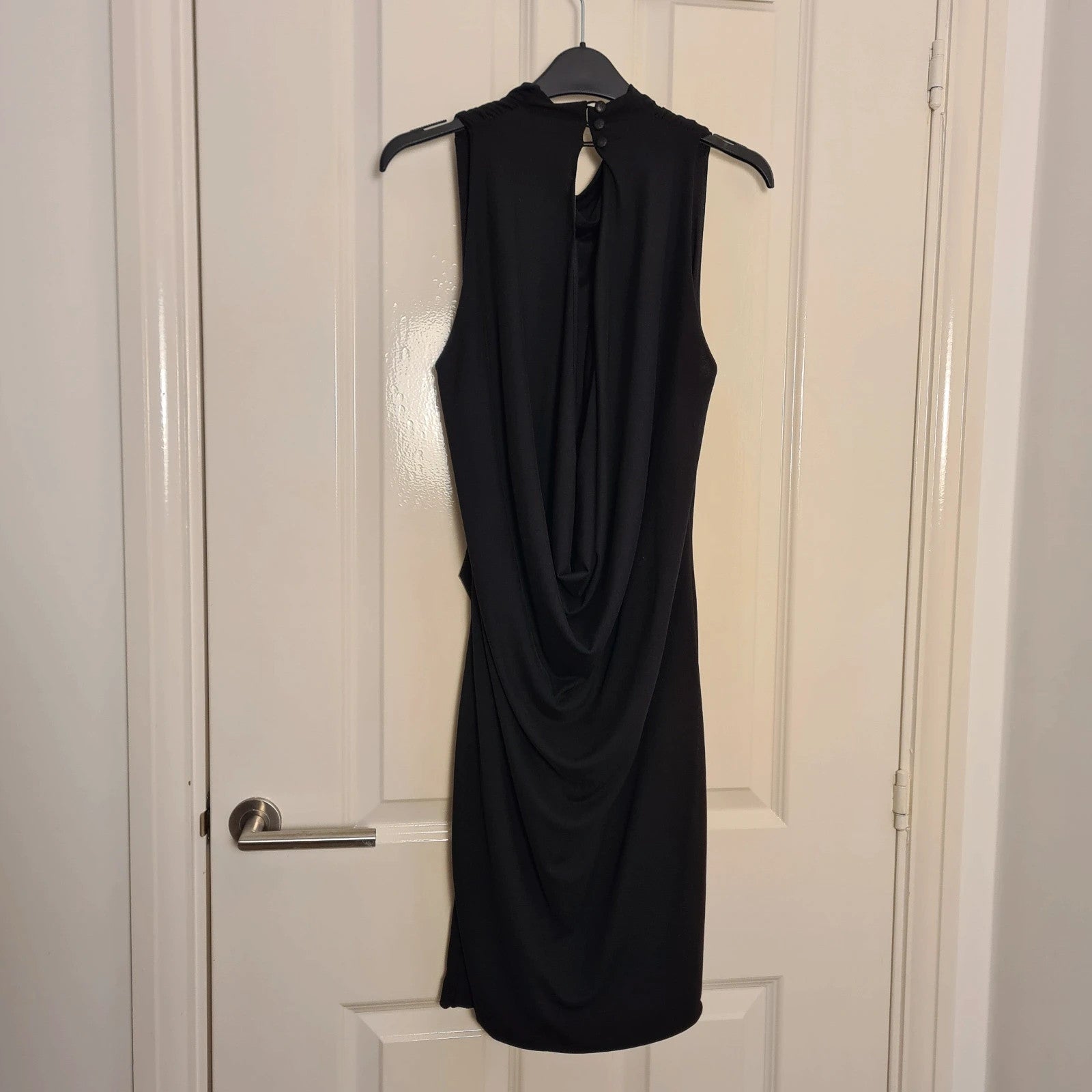 River Island sleeveless drape shift mini dress women lined cowl neckline plunge cowl back black M/10