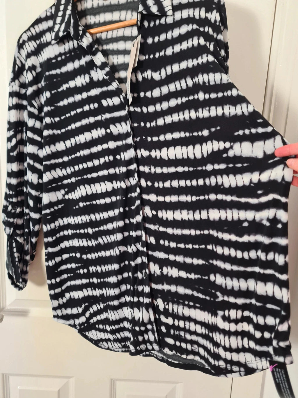 Roman drop shoulder tie dye shirt women blouse 3/4 sleeve buttons collar neck grey/black 2XL/16