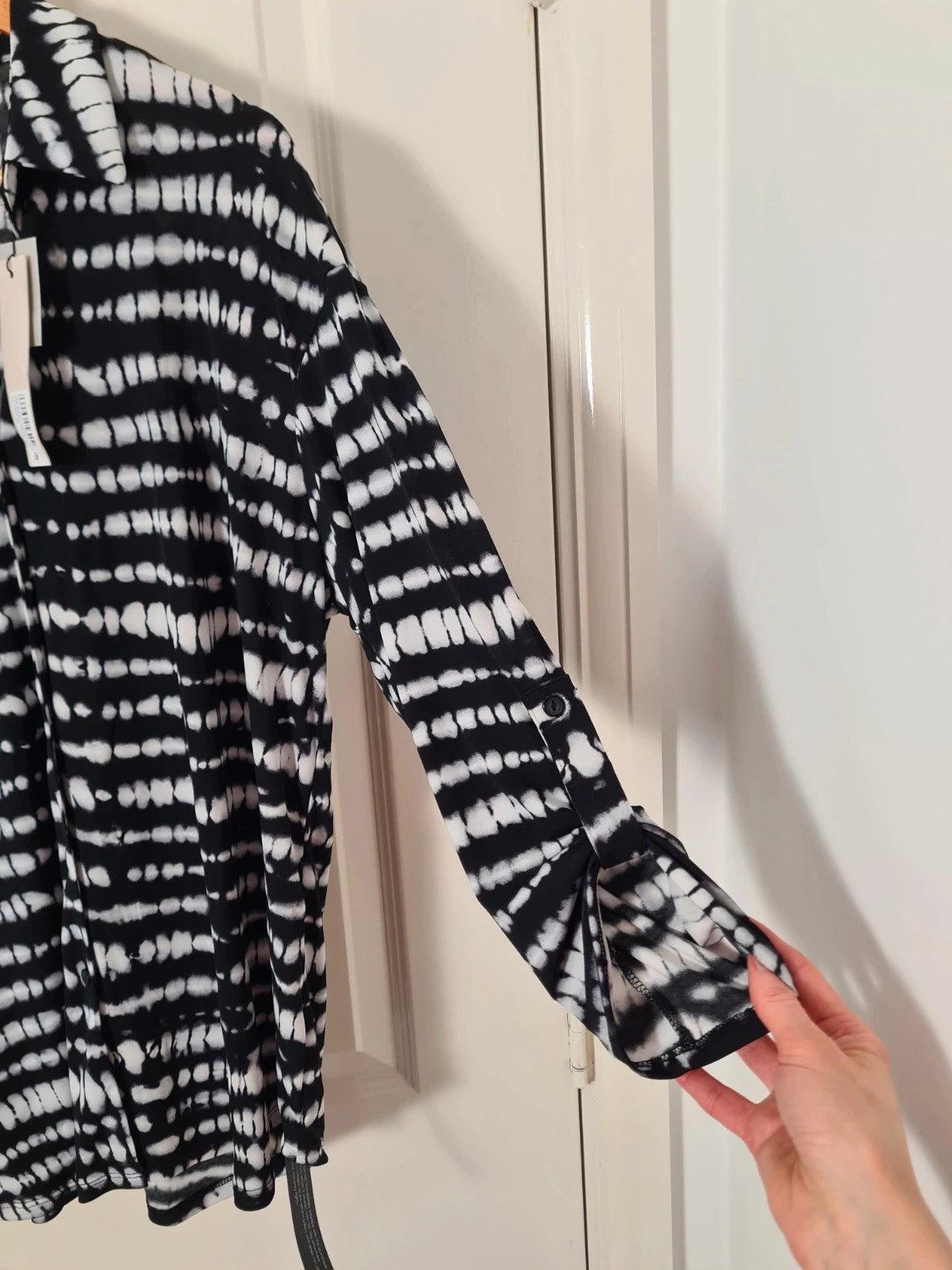 Roman drop shoulder tie dye shirt women blouse 3/4 sleeve buttons collar neck grey/black 2XL/16
