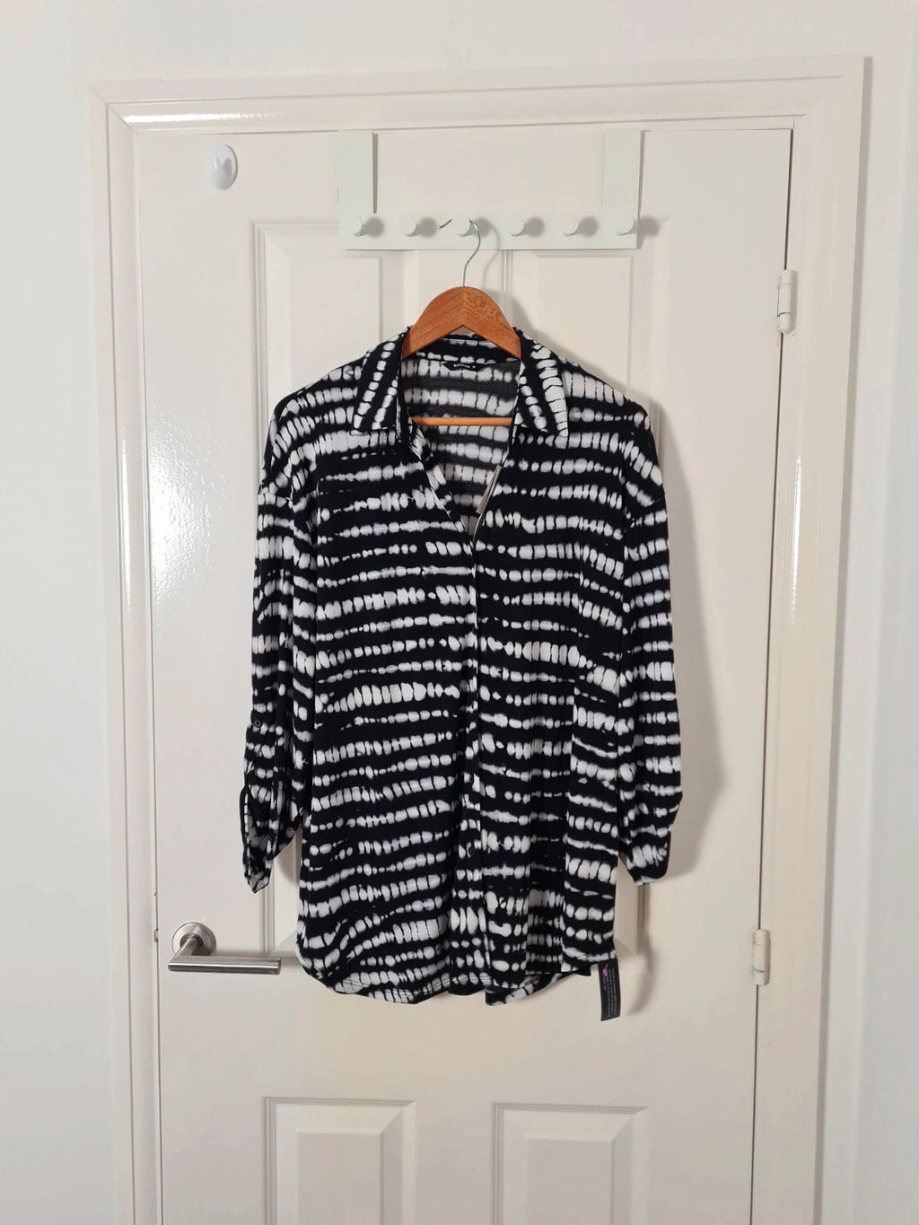 Roman drop shoulder tie dye shirt women blouse 3/4 sleeve buttons collar neck grey/black 2XL/16