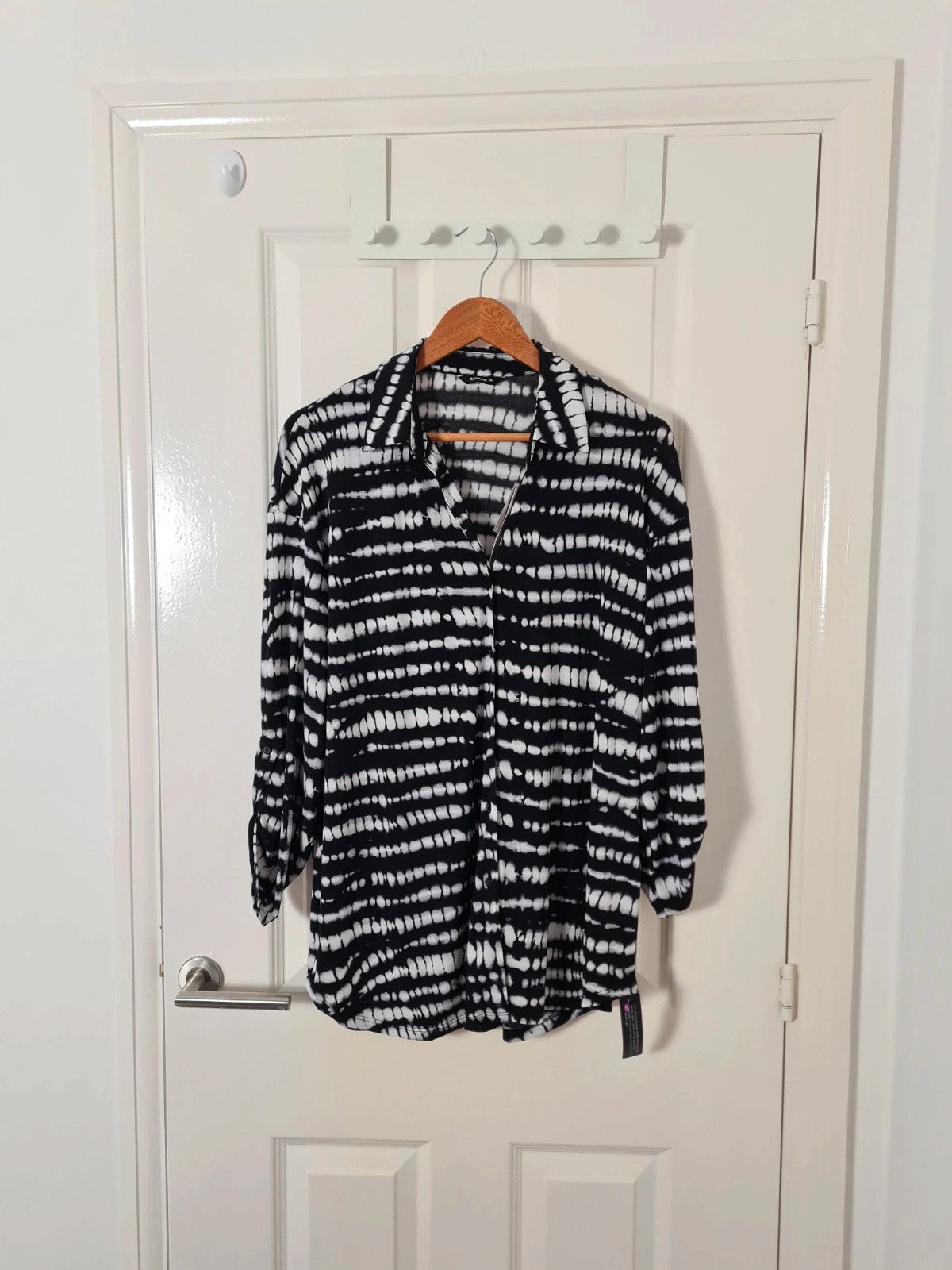 Roman drop shoulder tie dye shirt women blouse 3/4 sleeve buttons collar neck grey/black 2XL/16