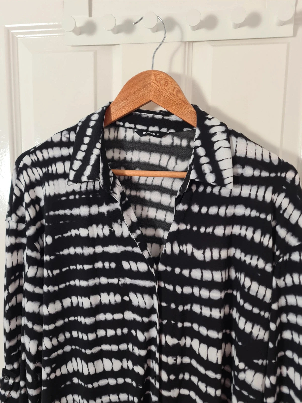 Roman drop shoulder tie dye shirt women blouse 3/4 sleeve buttons collar neck grey/black 2XL/16