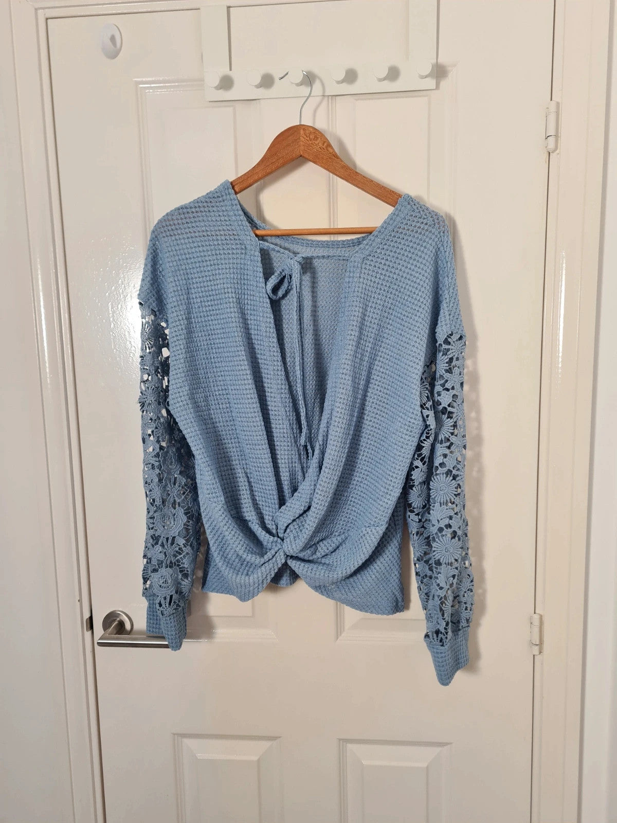 Shein long crochet sleeve knit top twist knot back sweater women round neck casual blue XL/14