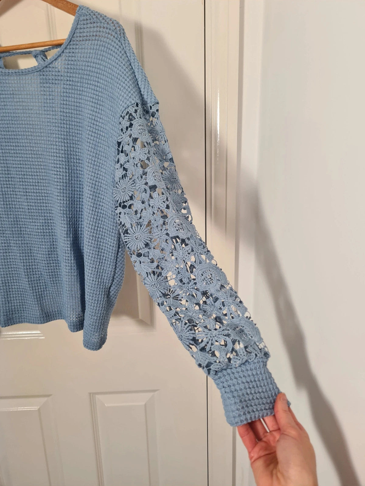 Shein long crochet sleeve knit top twist knot back sweater women round neck casual blue XL/14