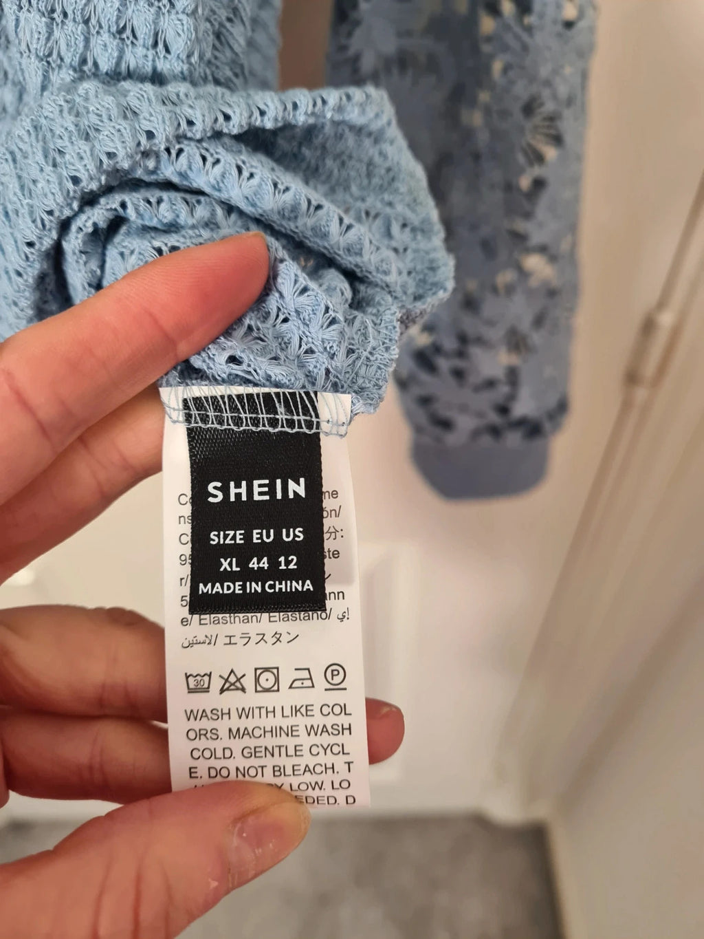 Shein long crochet sleeve knit top twist knot back sweater women round neck casual blue XL/14