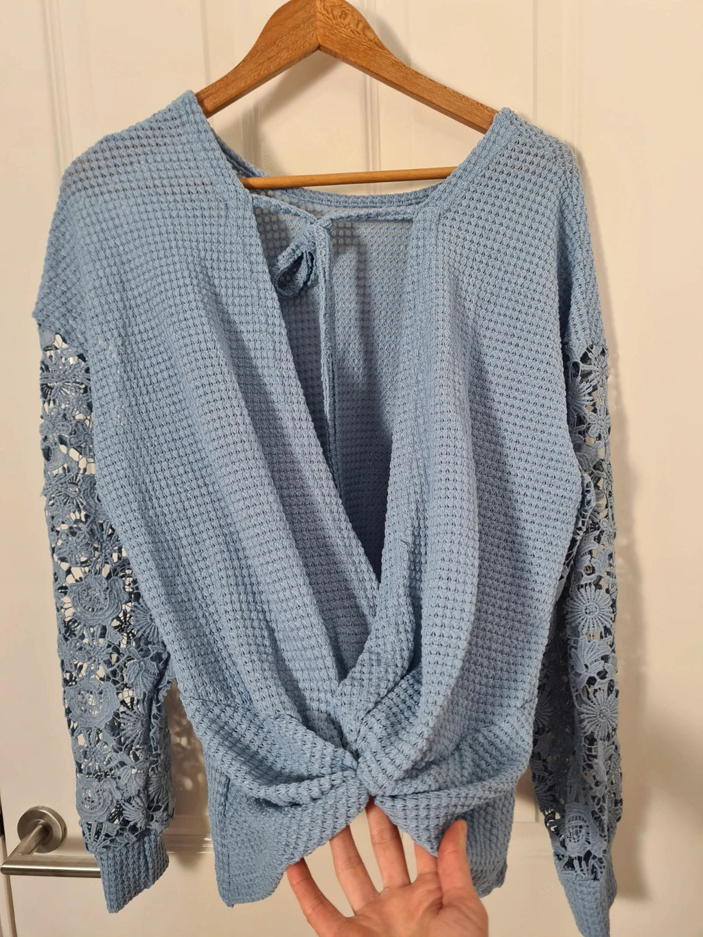 Shein long crochet sleeve knit top twist knot back sweater women round neck casual blue XL/14