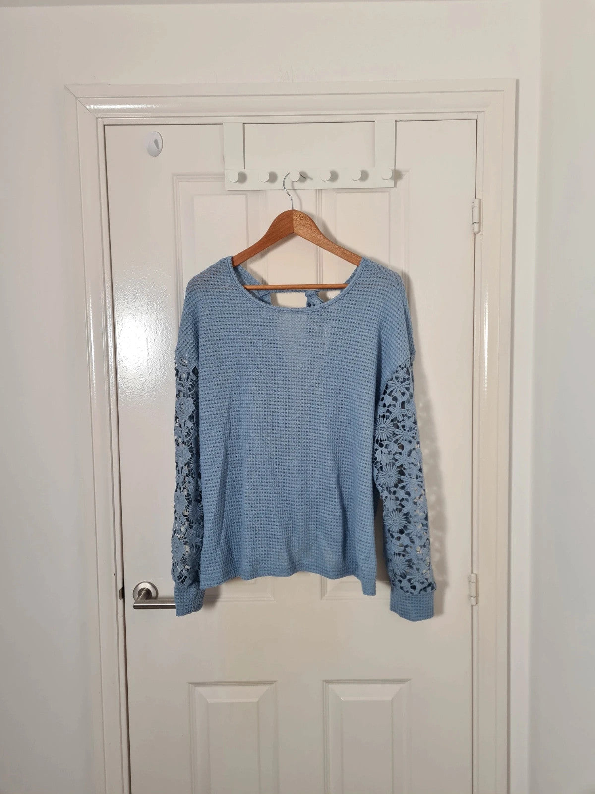 Shein long crochet sleeve knit top twist knot back sweater women round neck casual blue XL/14