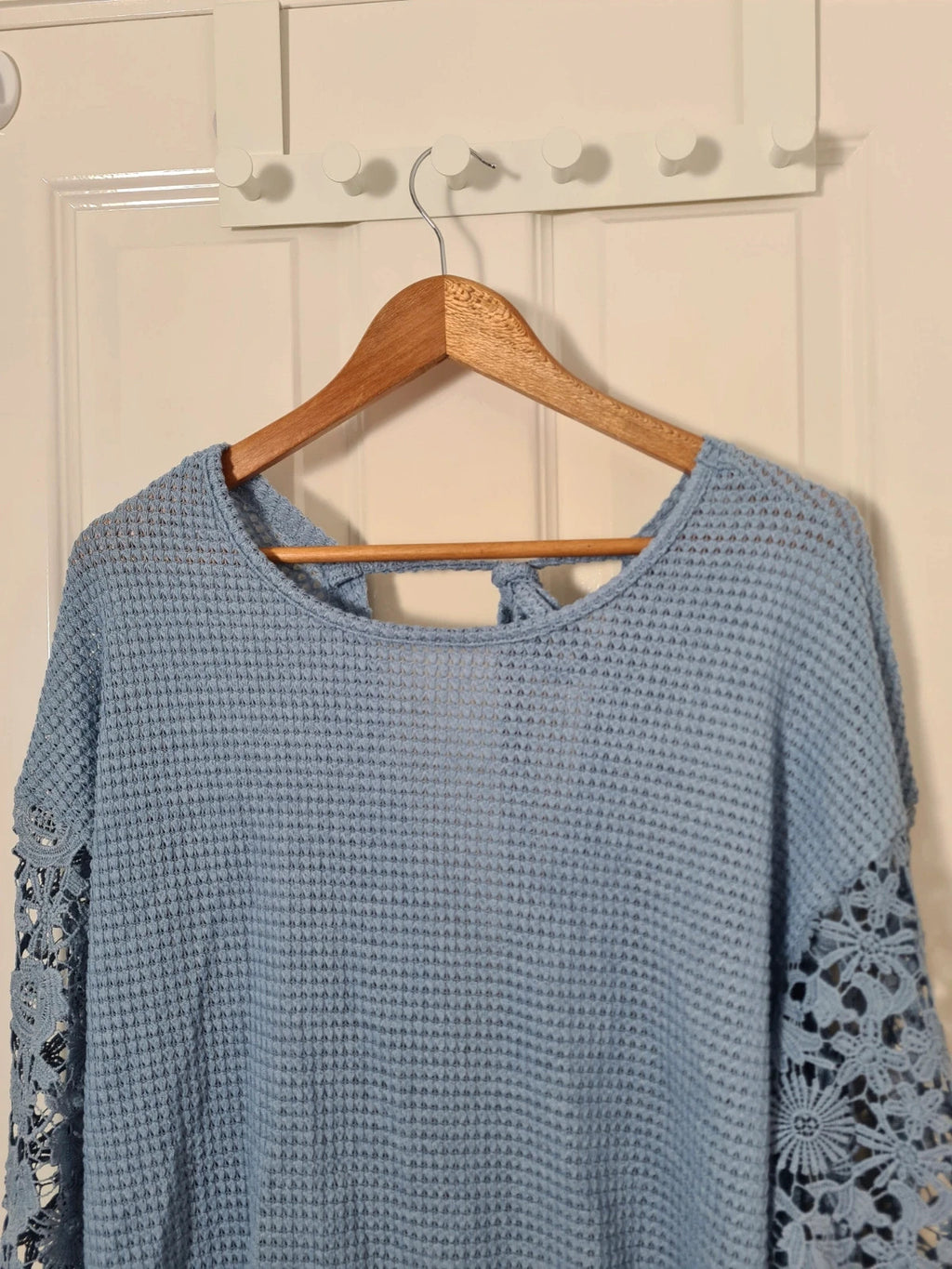 Shein long crochet sleeve knit top twist knot back sweater women round neck casual blue XL/14