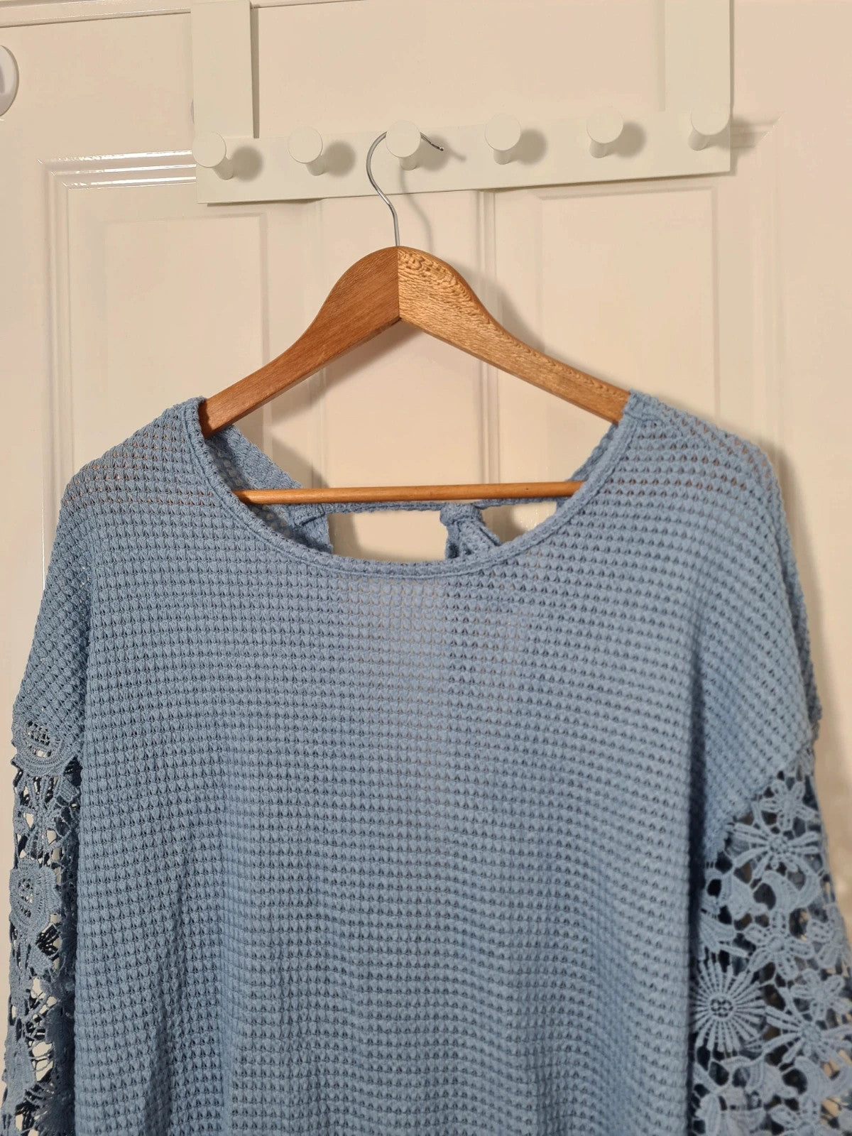 Shein long crochet sleeve knit top twist knot back sweater women round neck casual blue XL/14