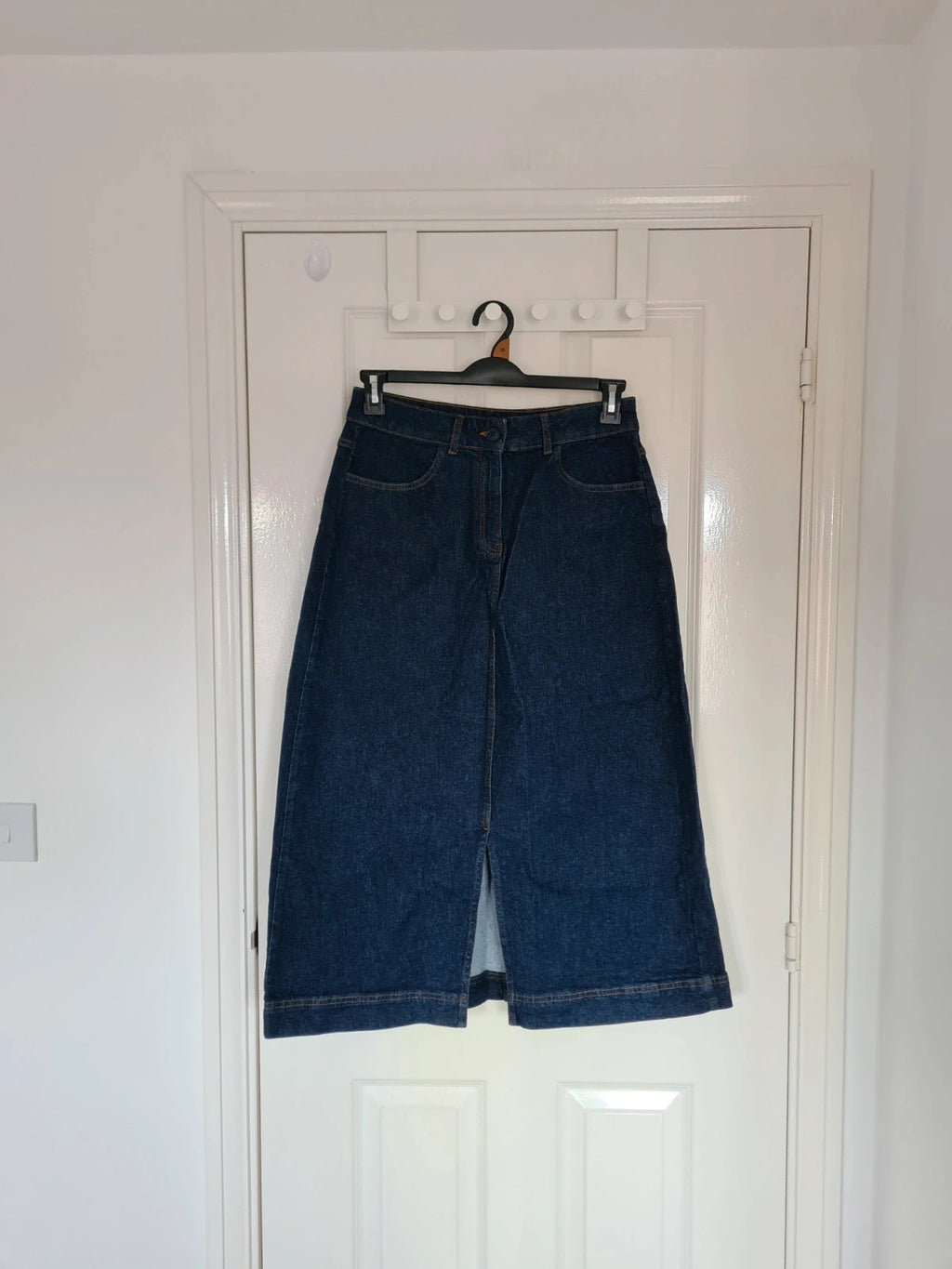 Seasalt Cornwall bowline denim midi skirt women A-line split front hem cotton indygo dyed/navy M/10