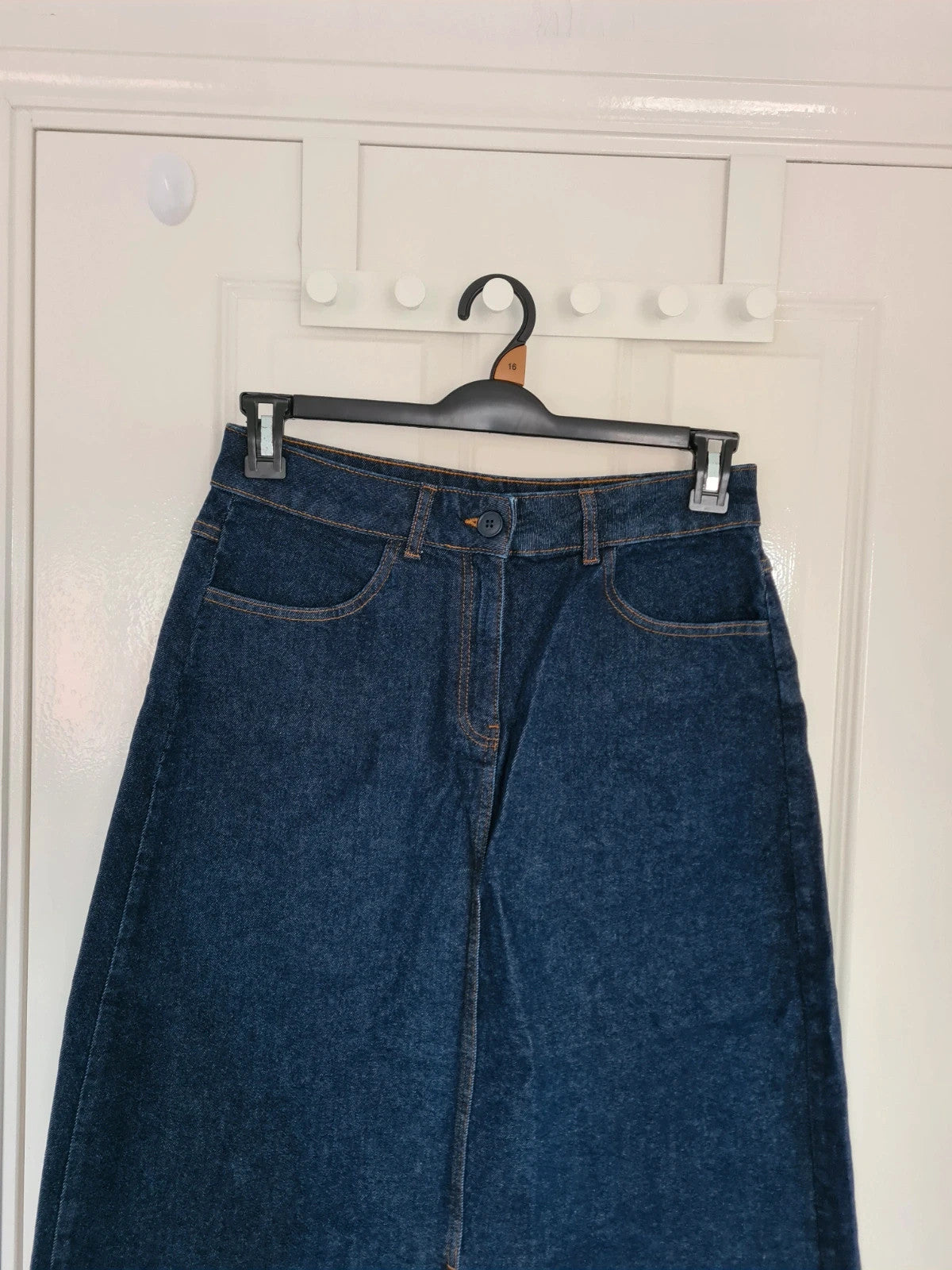 Seasalt Cornwall bowline denim midi skirt women A-line split front hem cotton indygo dyed/navy M/10