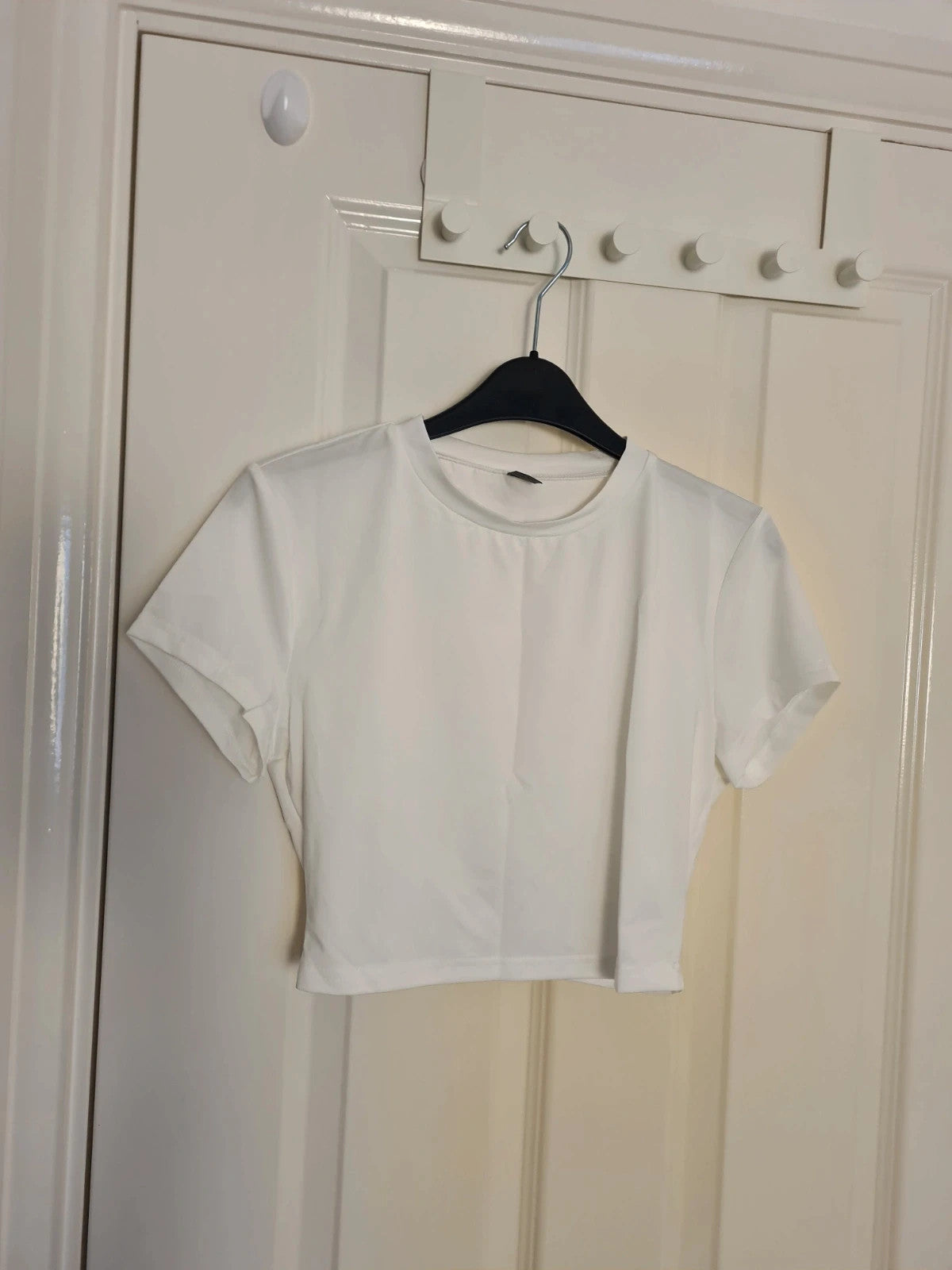 Shein 2psc set crop short sleeve top wide straight leg pants women elastic waist slim fit white M/10