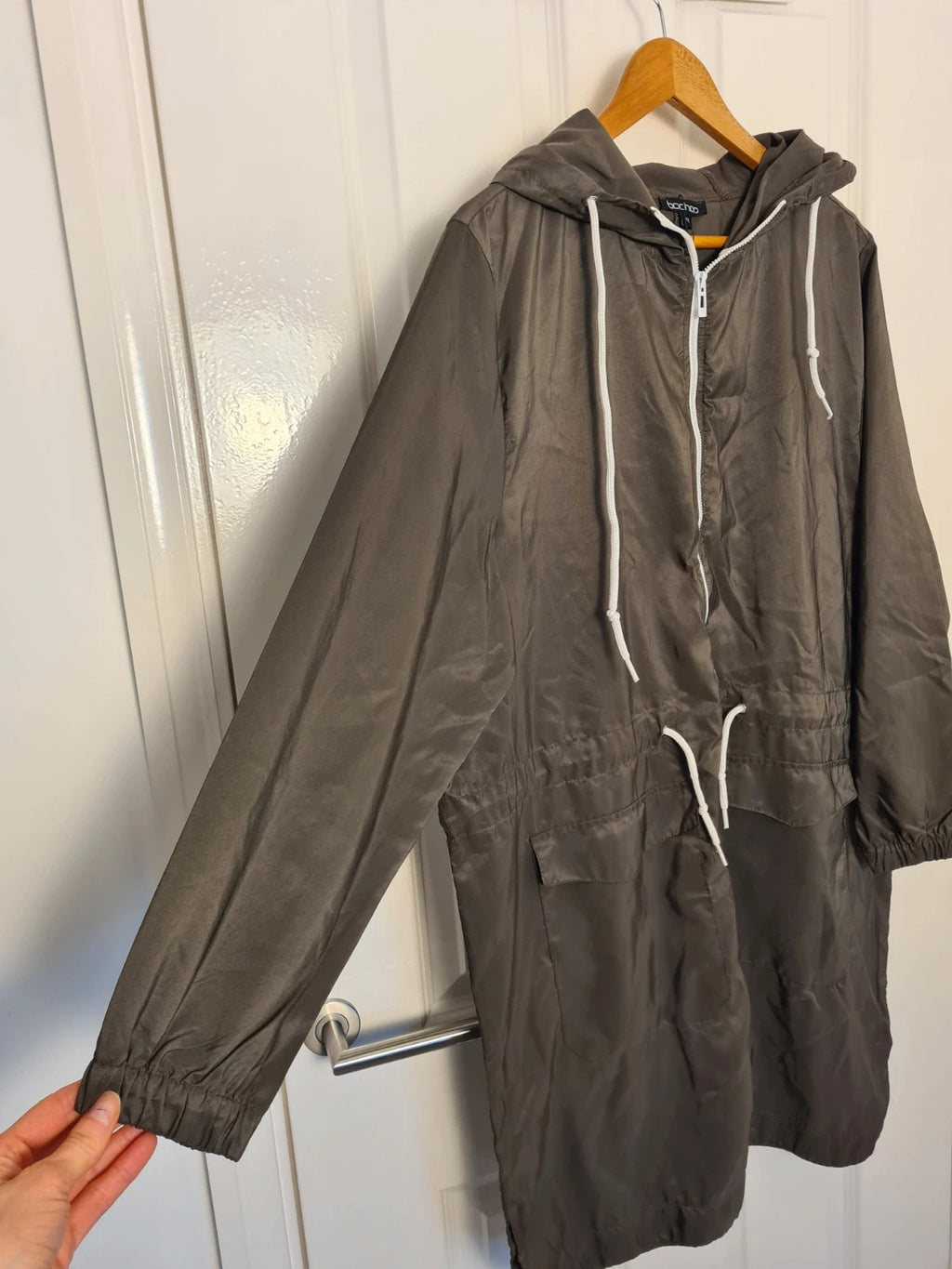Boohoo longline hooded festival mac lightweight parka long jacket women zip-up khaki olive L/12