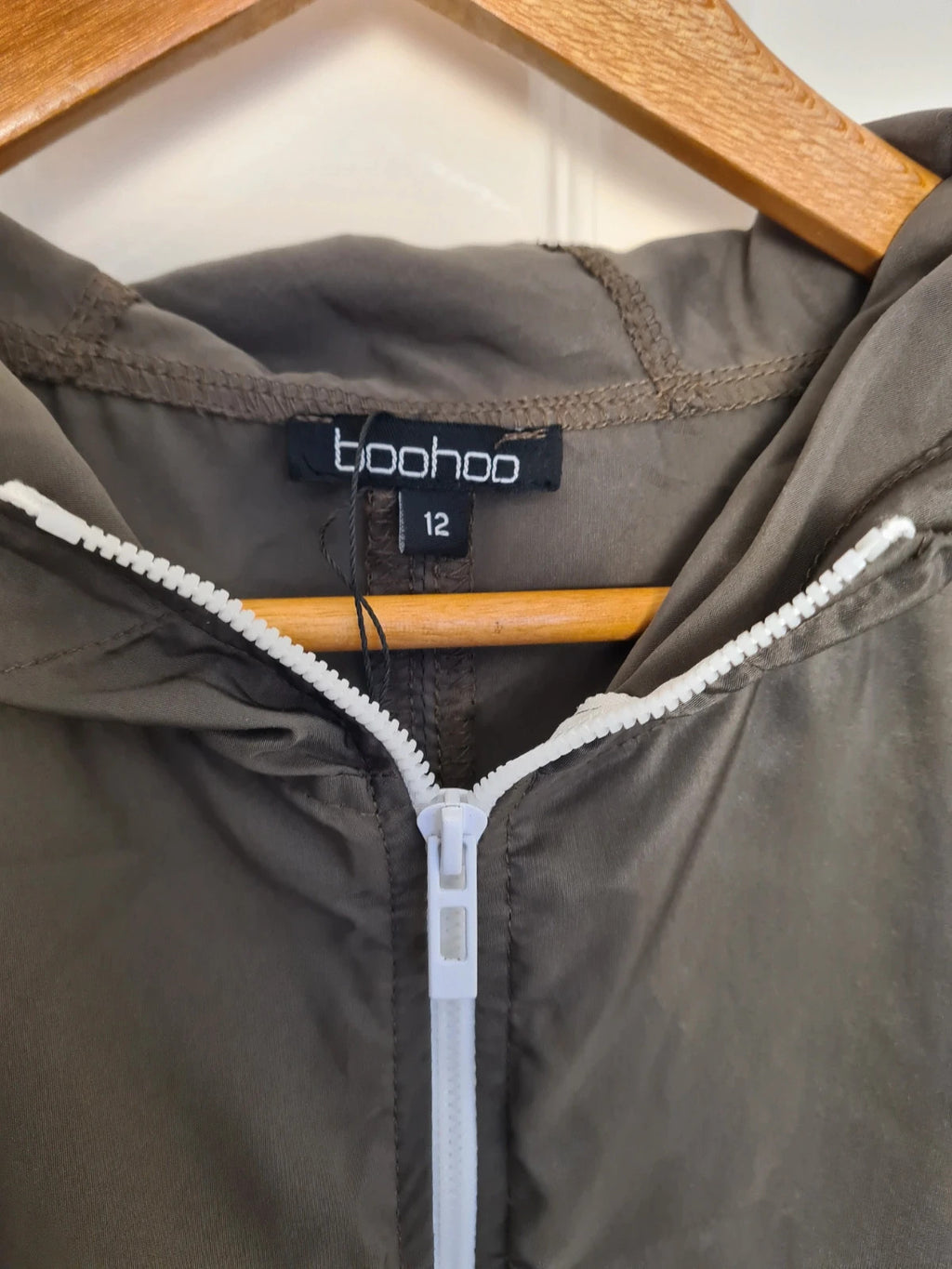 Boohoo longline hooded festival mac lightweight parka long jacket women zip-up khaki olive L/12