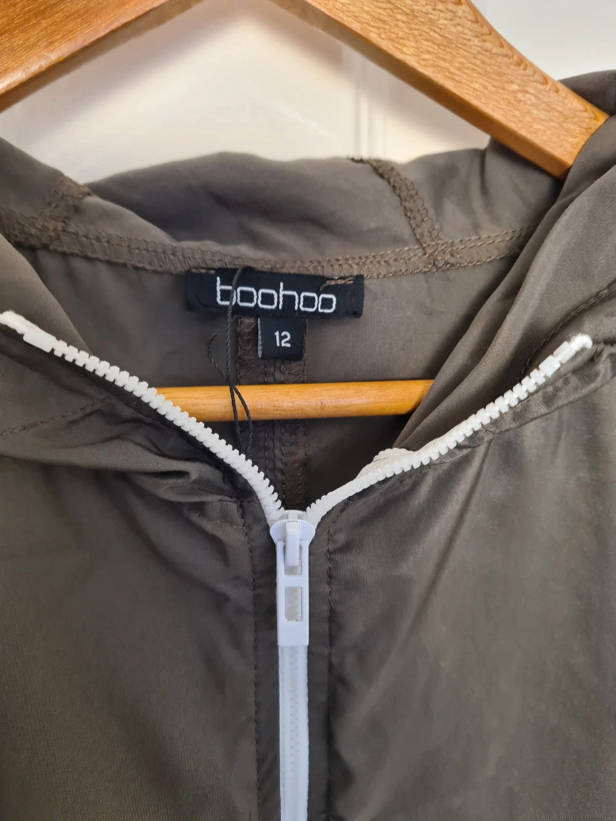 Boohoo longline hooded festival mac lightweight parka long jacket women zip-up khaki olive L/12
