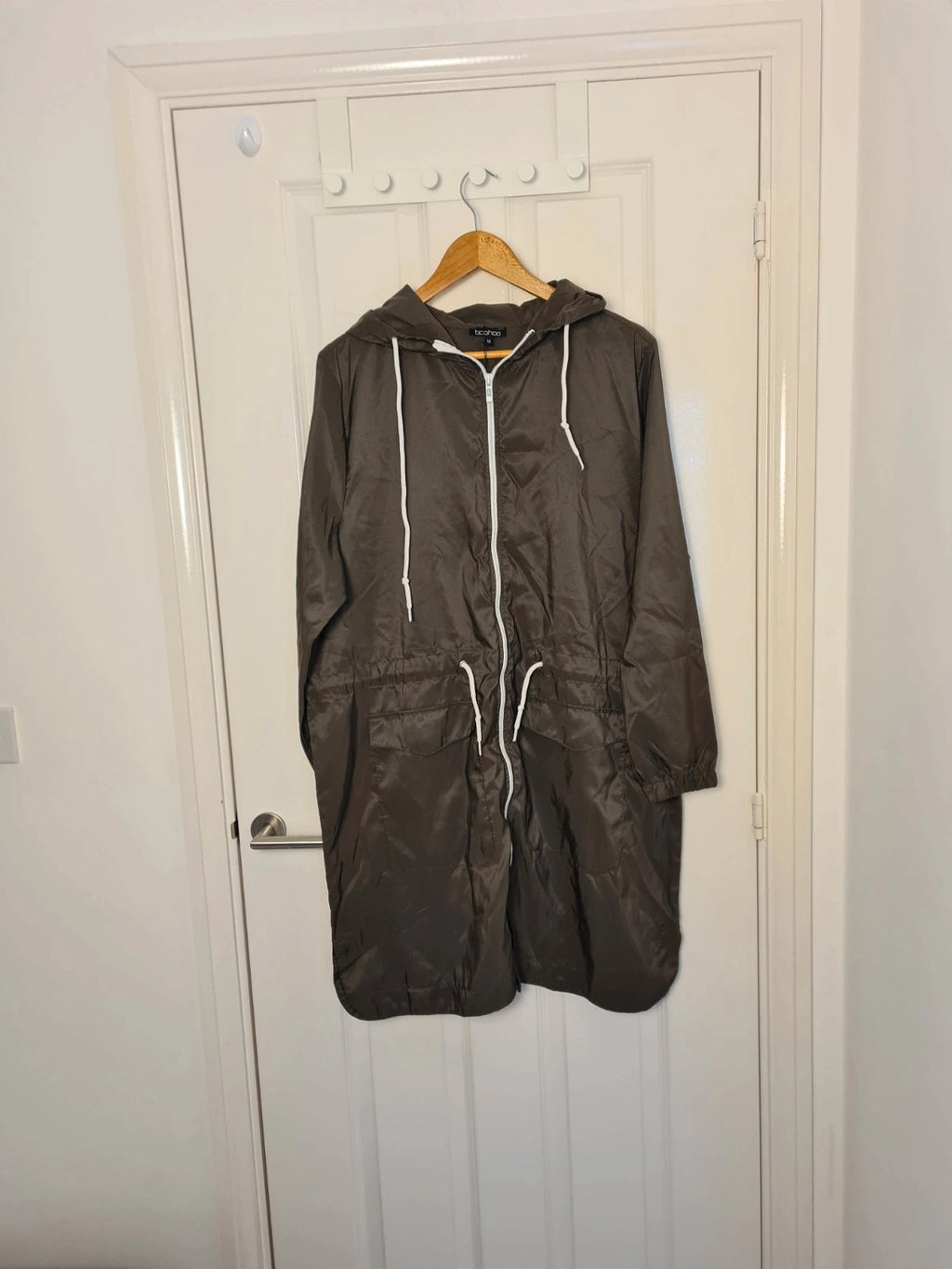 Boohoo longline hooded festival mac lightweight parka long jacket women zip-up khaki olive L/12