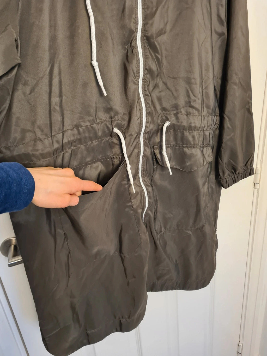 Boohoo longline hooded festival mac lightweight parka long jacket women zip-up khaki olive L/12