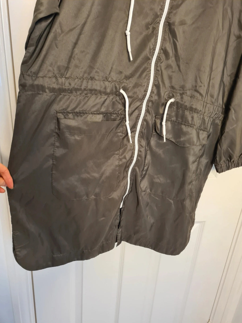 Boohoo longline hooded festival mac lightweight parka long jacket women zip-up khaki olive L/12