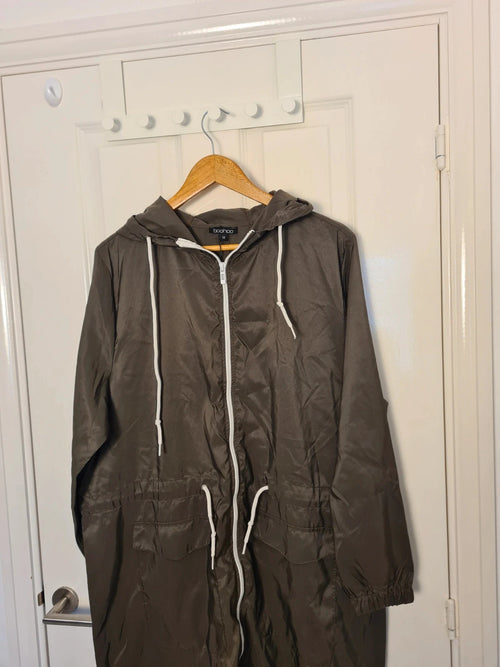 Boohoo longline hooded festival mac lightweight parka long jacket women zip-up khaki olive L/12
