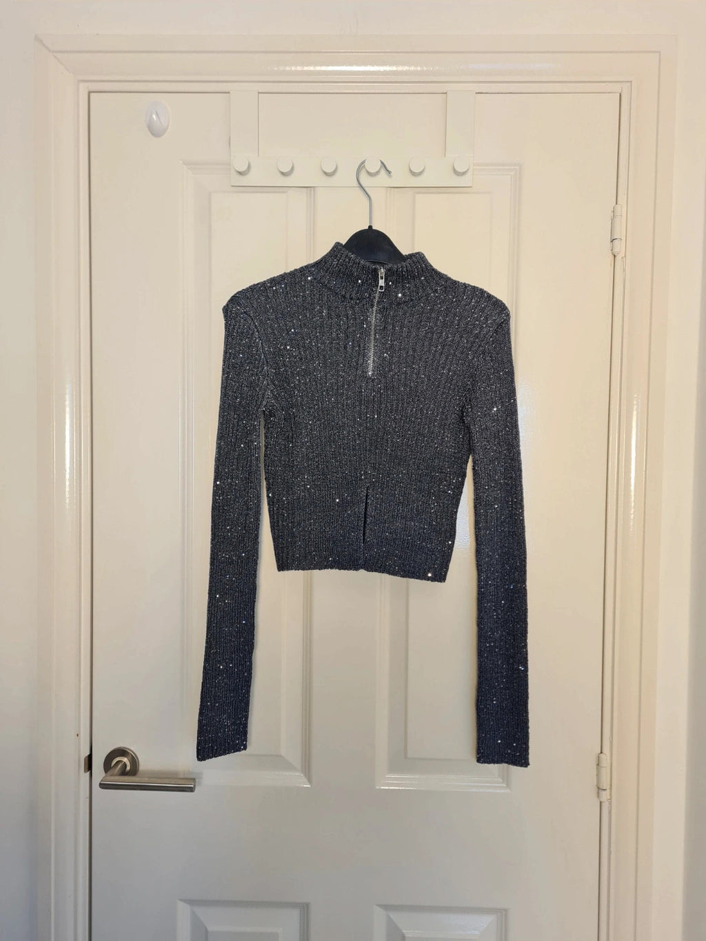 PLF sparkle high neck long sleeve crop top women sequin knit jumper navy XS/6