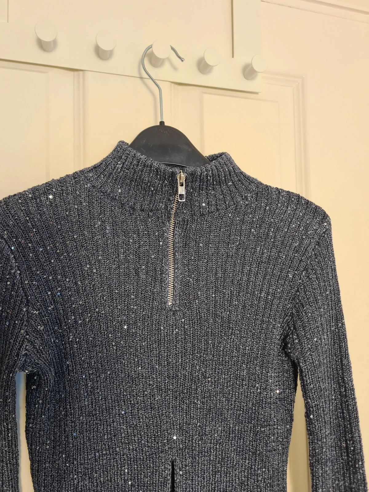 PLF sparkle high neck long sleeve crop top women sequin knit jumper navy XS/6