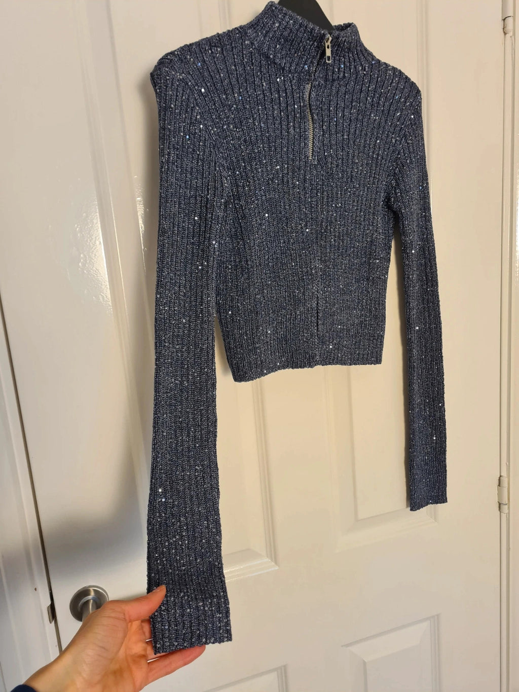 PLF sparkle high neck long sleeve crop top women sequin knit jumper navy XS/6