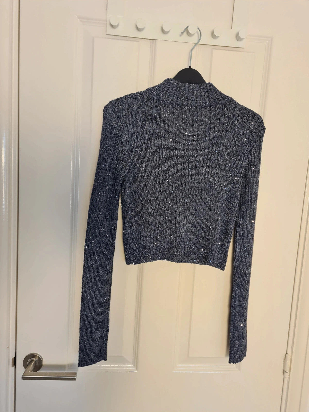 PLF sparkle high neck long sleeve crop top women sequin knit jumper navy XS/6