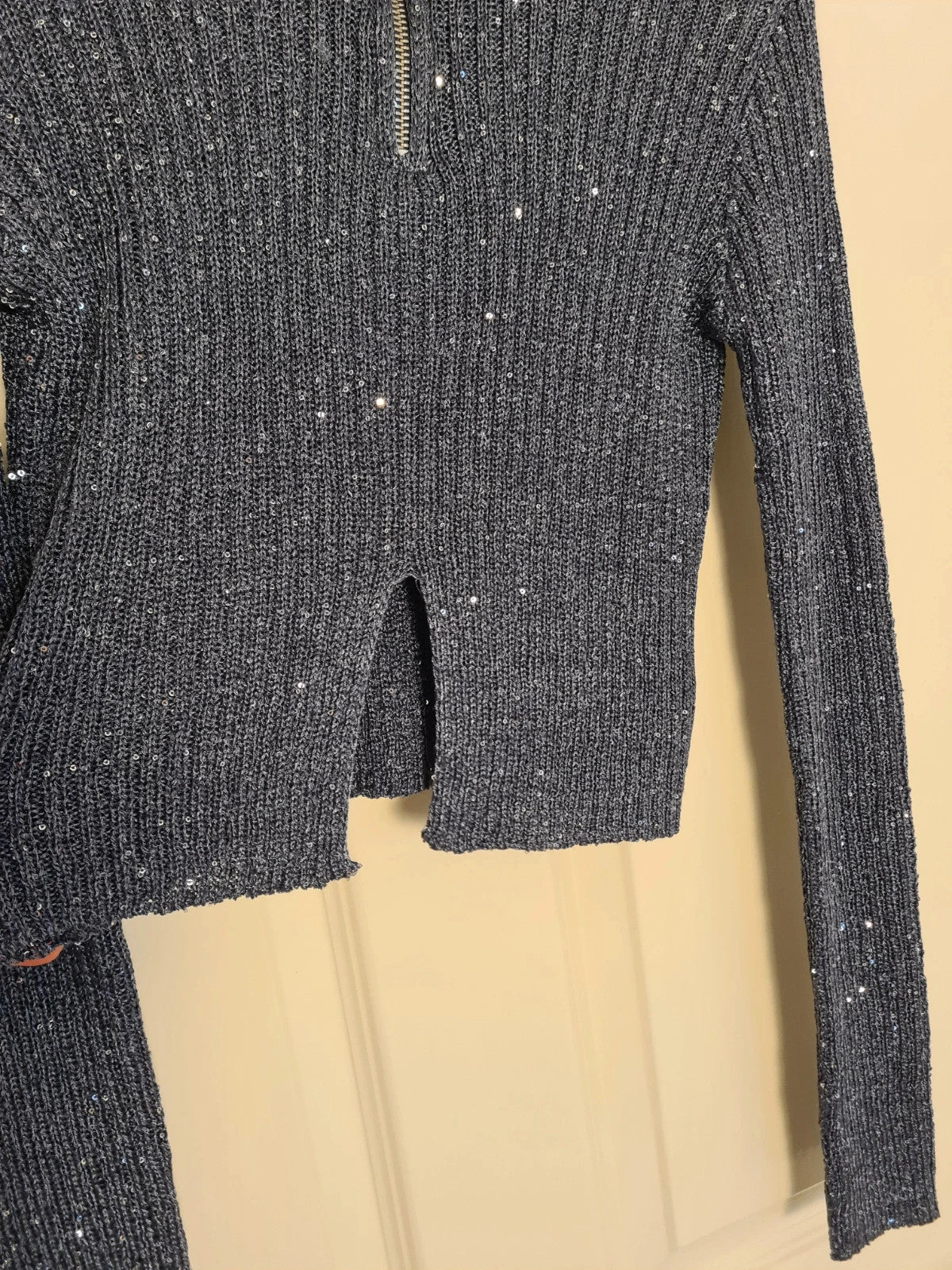 PLF sparkle high neck long sleeve crop top women sequin knit jumper navy XS/6