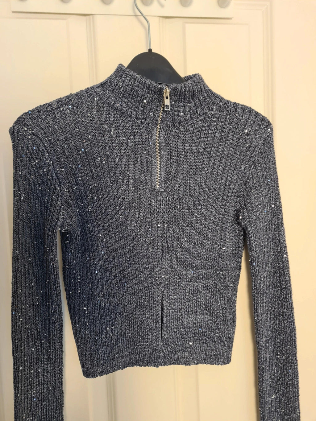 PLF sparkle high neck long sleeve crop top women sequin knit jumper navy XS/6