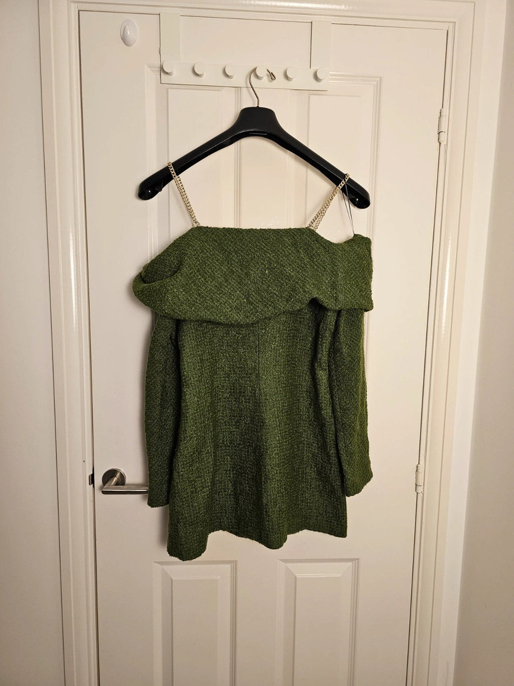 Zara knitt tweed off shoulder bow neckline mini dress women gold chain straps long sleeve green L/12