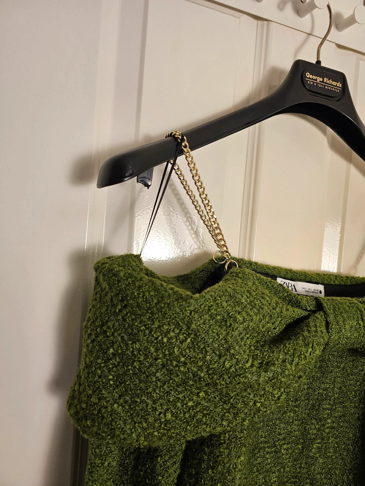 Zara knitt tweed off shoulder bow neckline mini dress women gold chain straps long sleeve green L/12