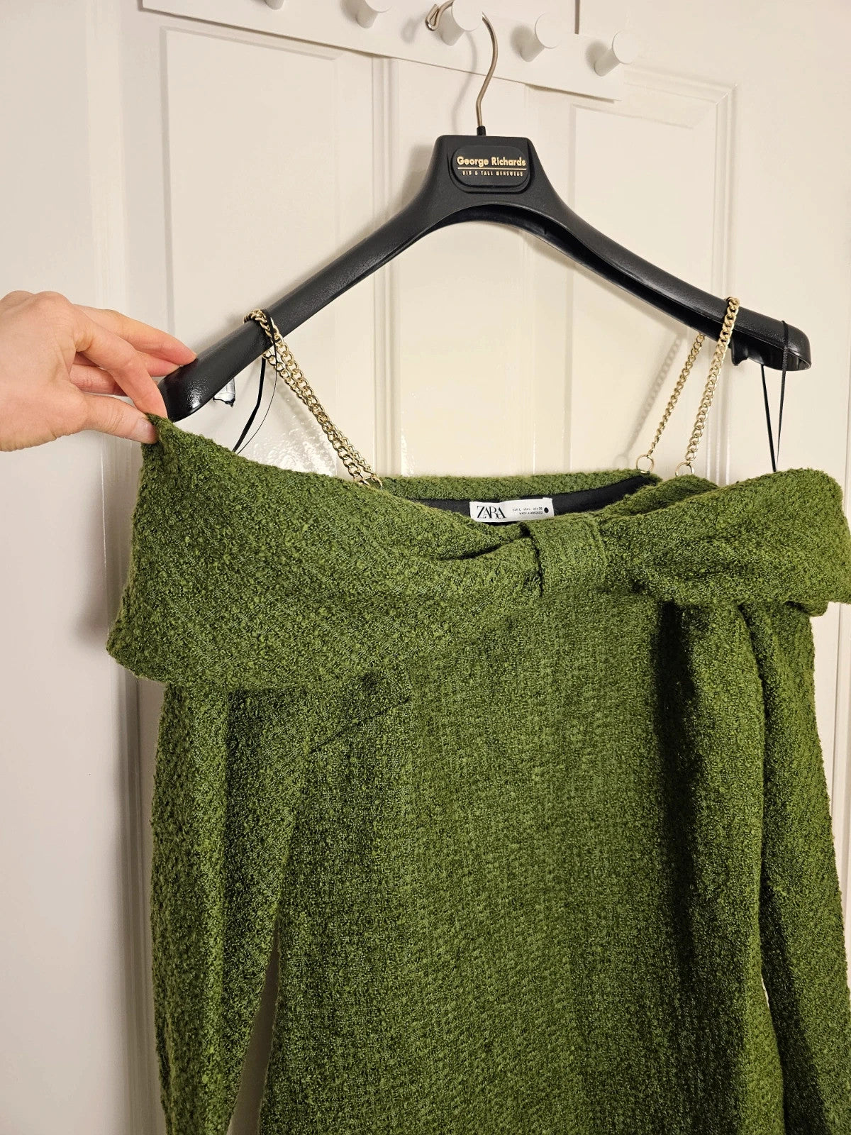 Zara knitt tweed off shoulder bow neckline mini dress women gold chain straps long sleeve green L/12