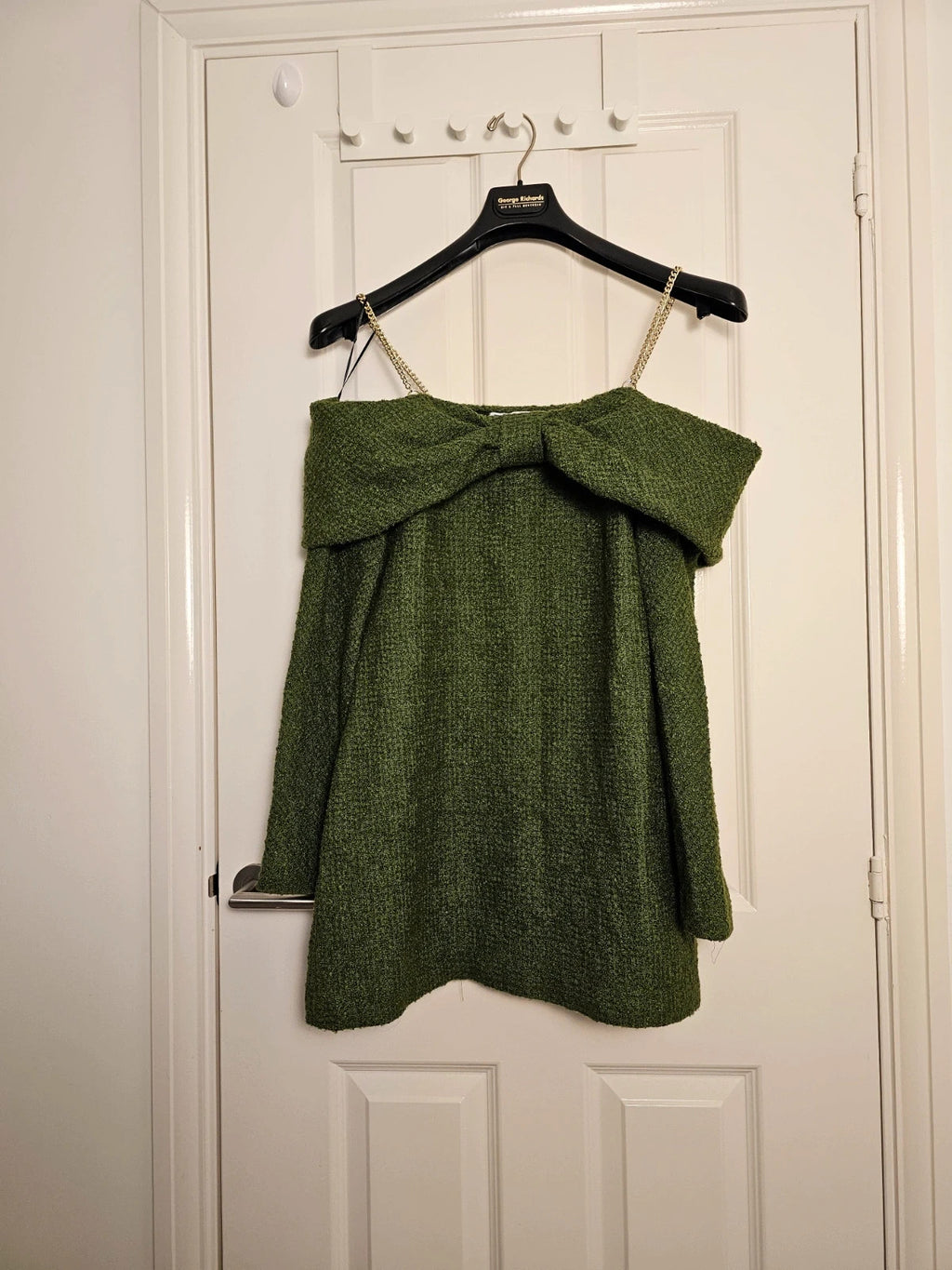 Zara knitt tweed off shoulder bow neckline mini dress women gold chain straps long sleeve green L/12