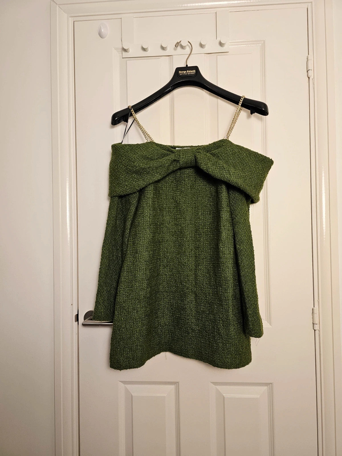 Zara knitt tweed off shoulder bow neckline mini dress women gold chain straps long sleeve green L/12