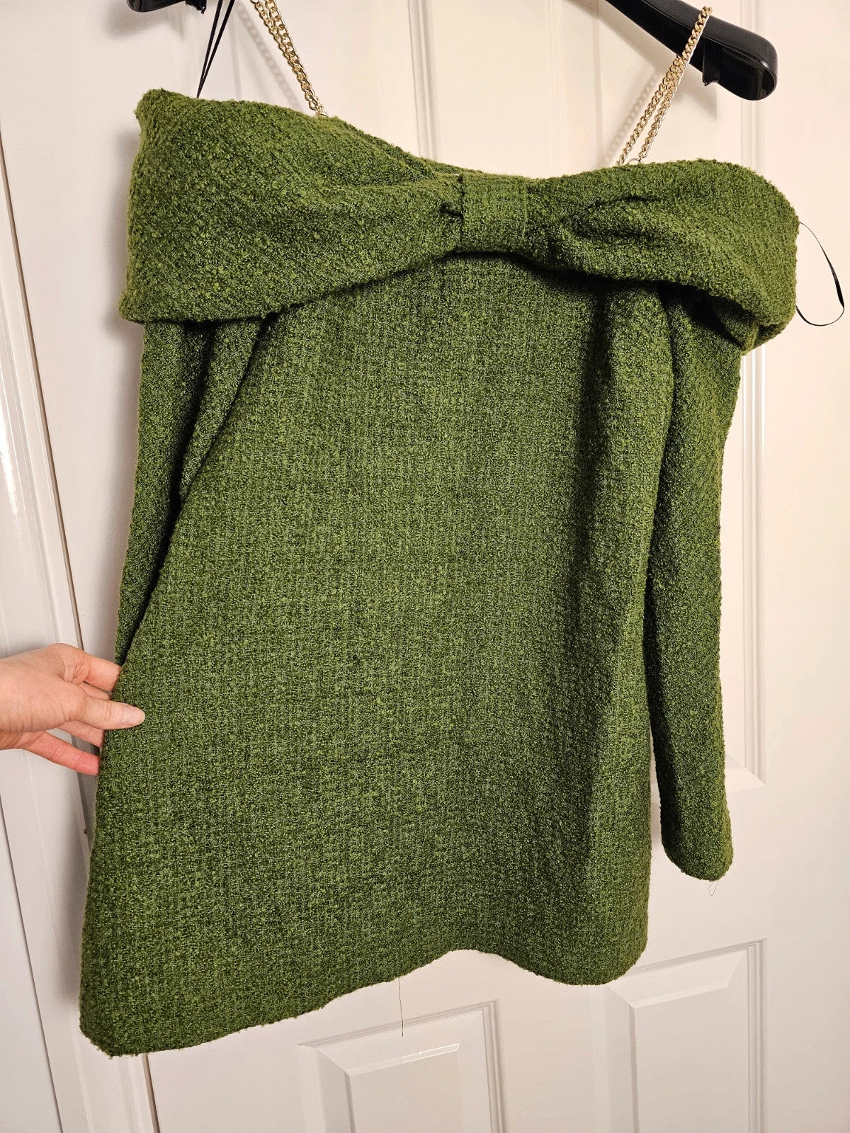 Zara knitt tweed off shoulder bow neckline mini dress women gold chain straps long sleeve green L/12