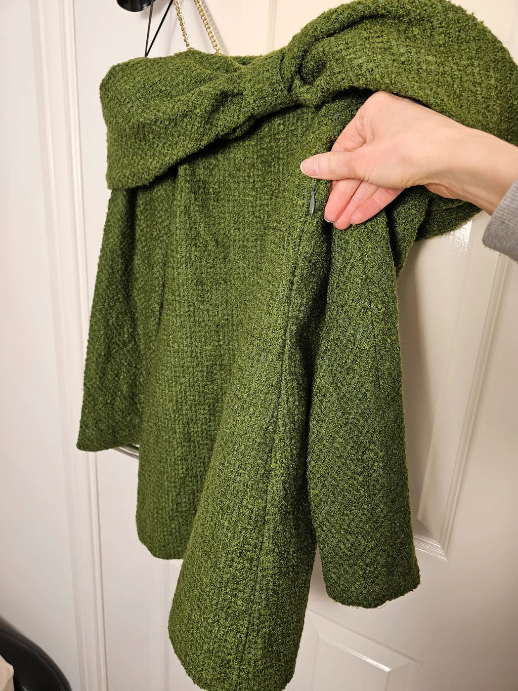 Zara knitt tweed off shoulder bow neckline mini dress women gold chain straps long sleeve green L/12
